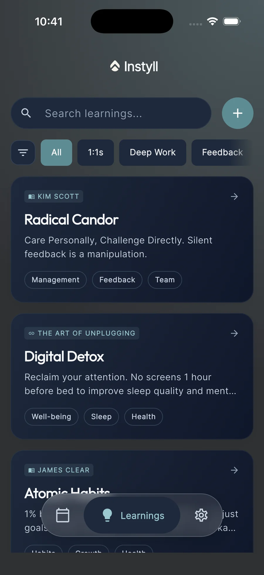 The Learnings library showing saved notes like Radical Candor and Atomic Habits, each tagged with where they apply