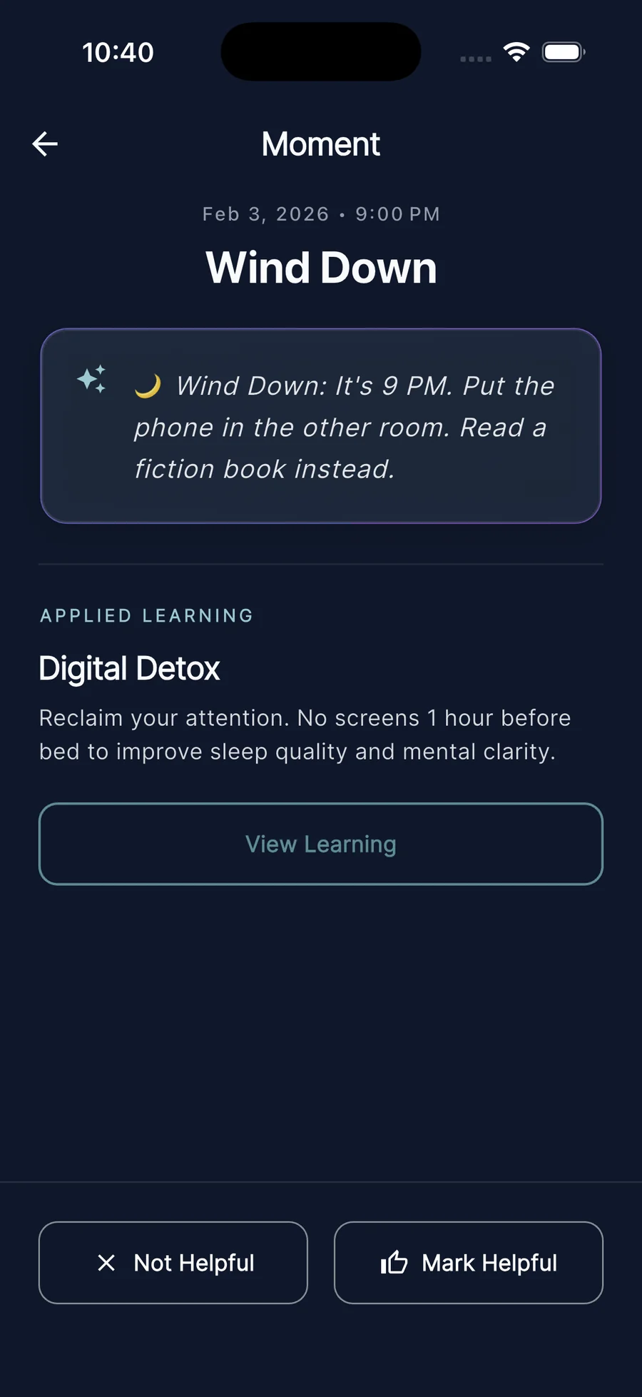 An Instyll Moment for a 9 PM Wind Down block, pairing the Digital Detox learning with the suggestion to put the phone away and read instead