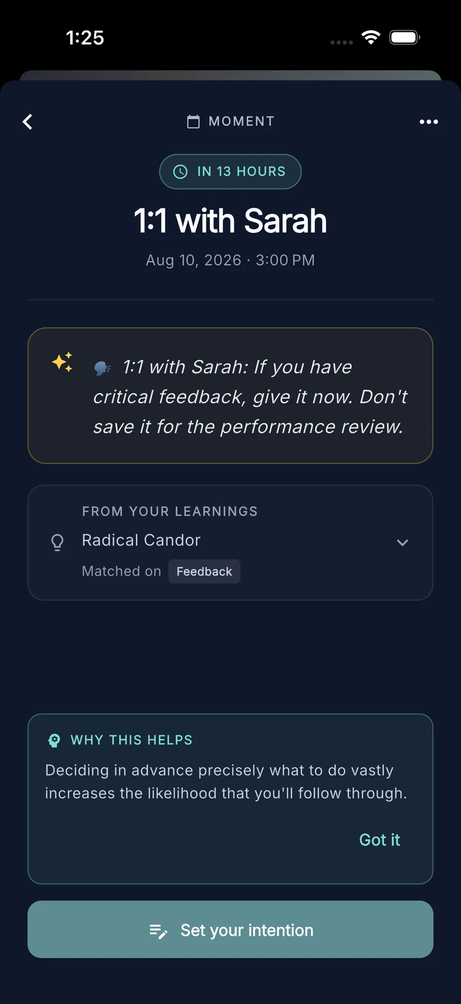 A Moment for a 1:1 meeting suggesting the user give critical feedback now rather than saving it for a performance review
